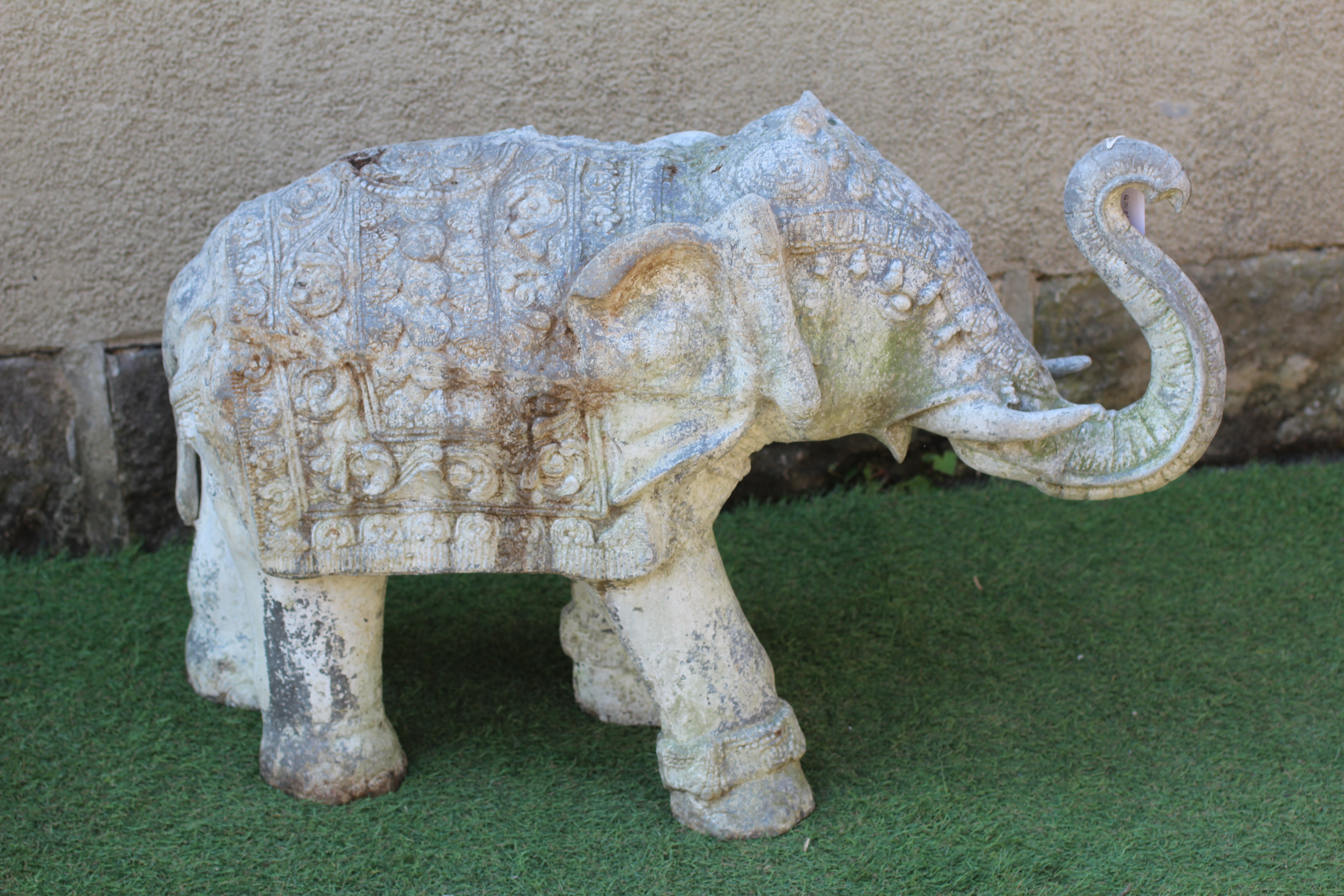 A CAST METAL CAPARISONED INDIAN MALE ELEPHANT, modern, modelled walking, unsigned, 30" w x 22 1/2" h Image