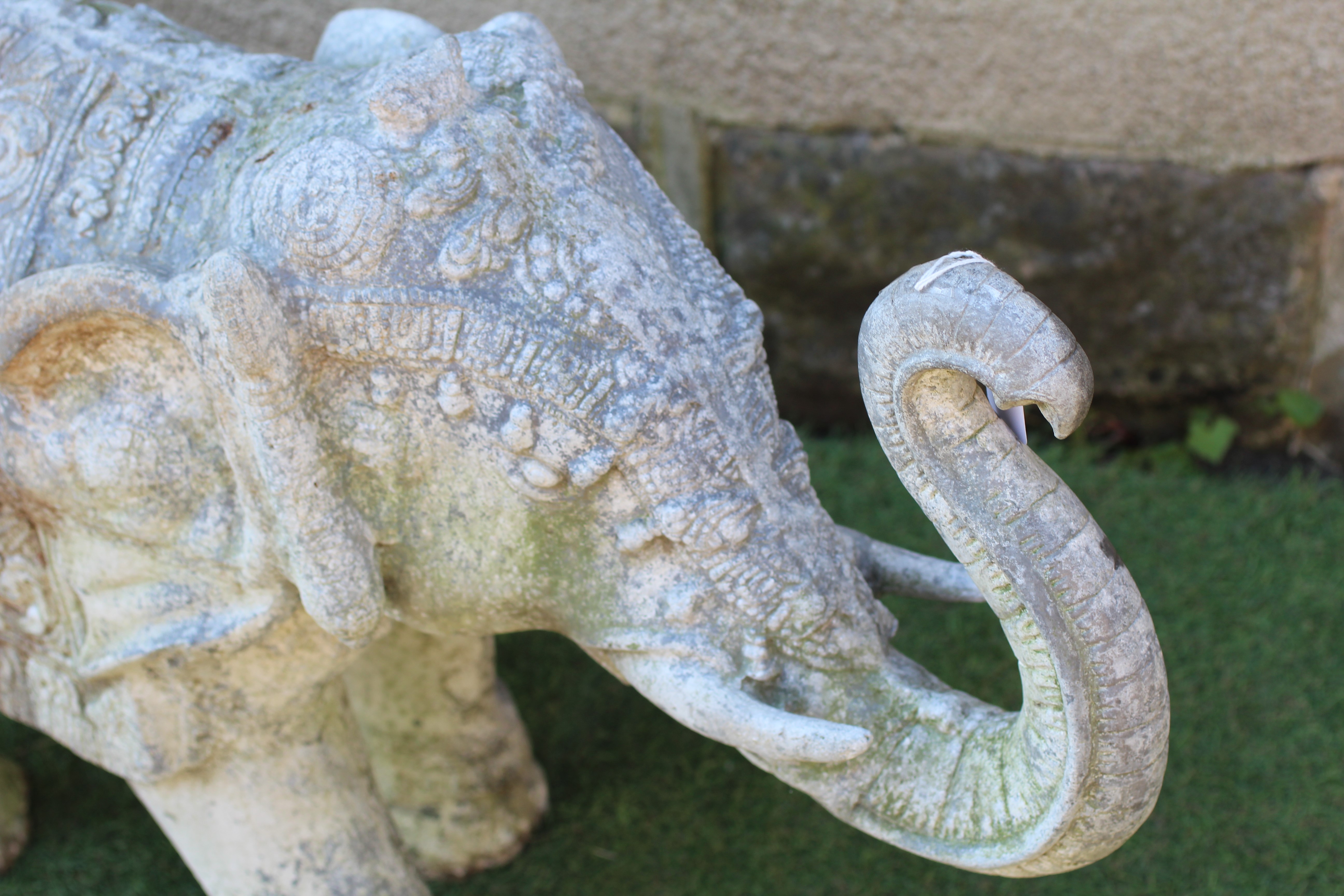 A CAST METAL CAPARISONED INDIAN MALE ELEPHANT, modern, modelled walking, unsigned, 30" w x 22 1/2" h Image