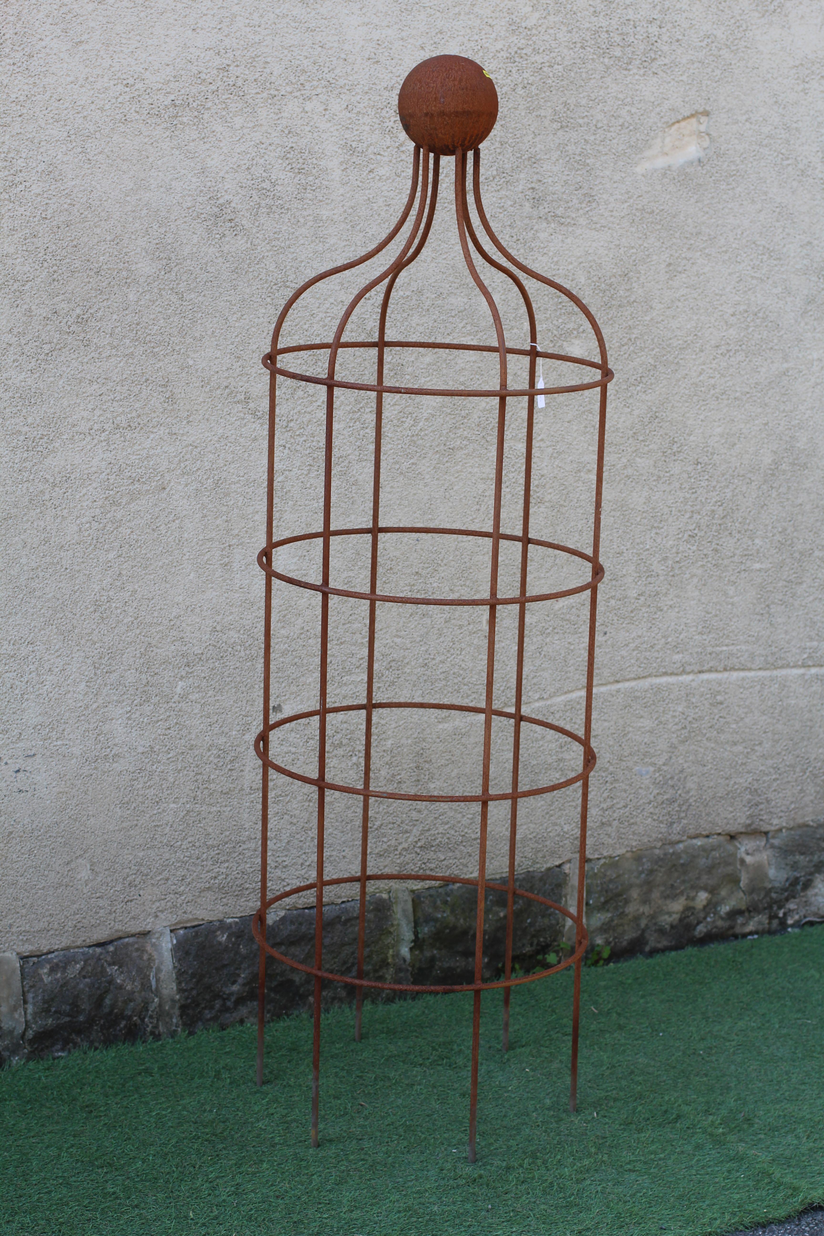 A RUSTED METAL CONICAL "WINDSOR" ROSE OBELISK with ball finial, 21 1/4" w x 66 1/2" h Image
