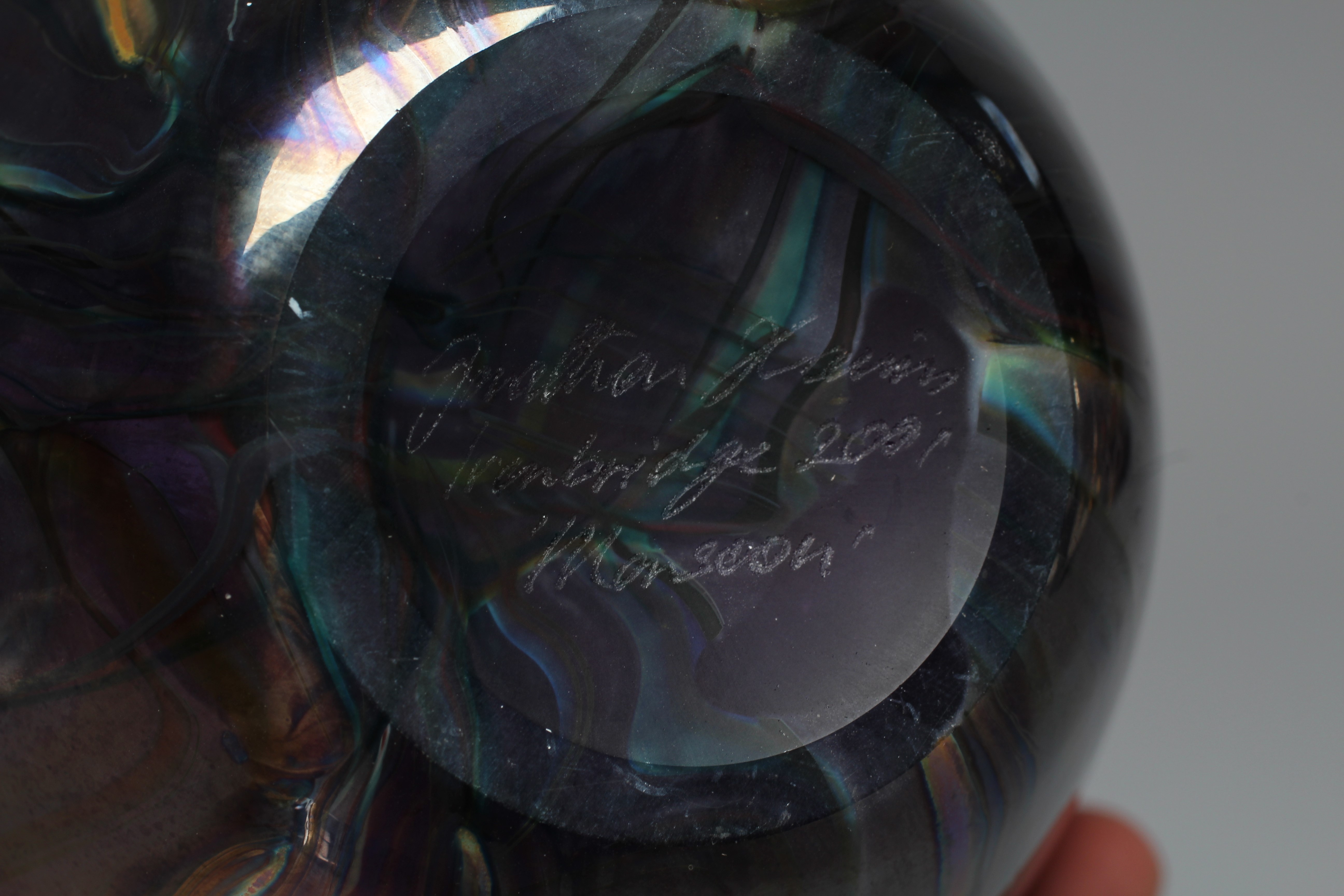 A JONATHAN HARRIS PURPLE GLASS MONSOON VASE, 2001, of tapering ovoid form with peacock iridescent Image
