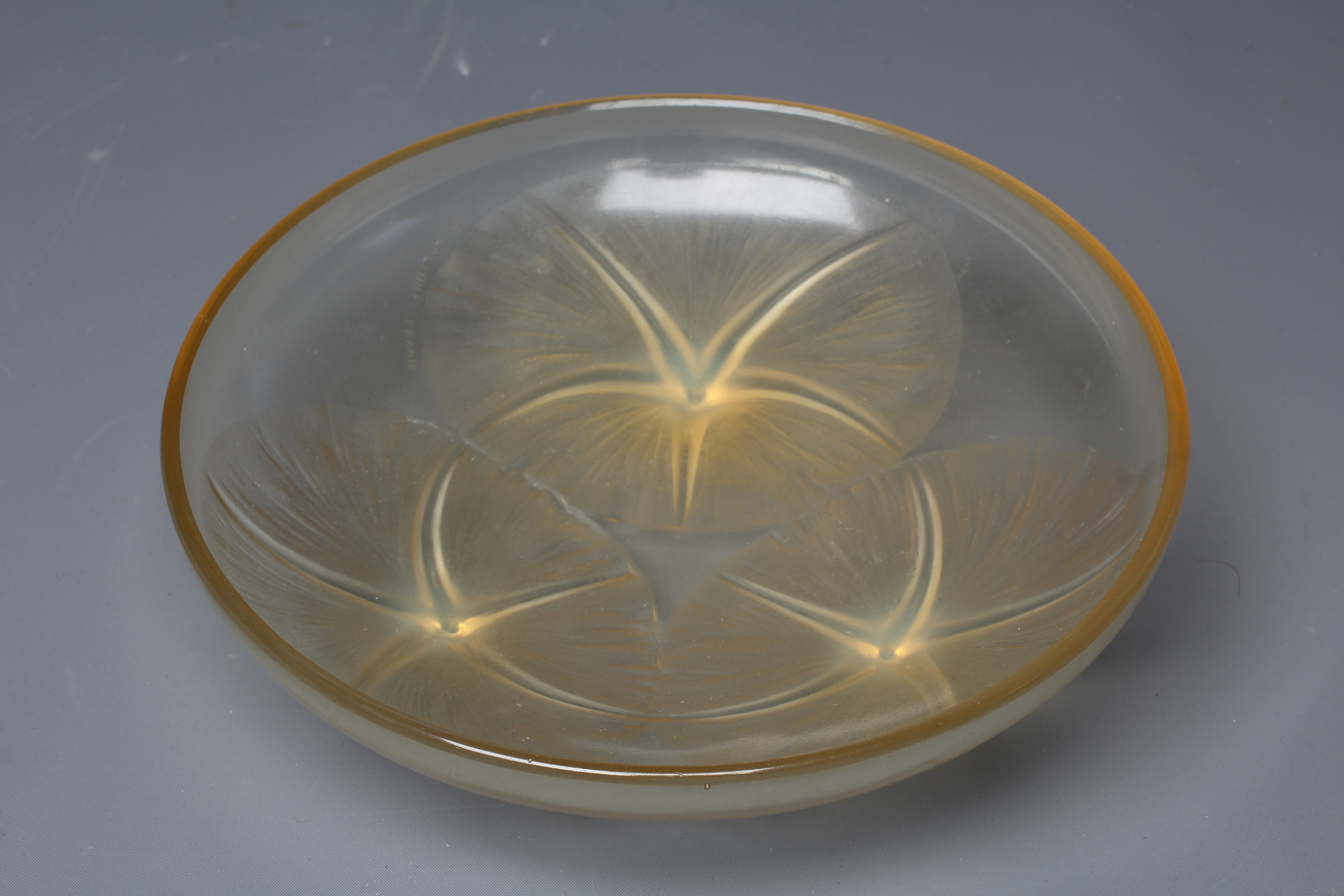 A LALIQUE AMBER GLASS VOLUBILIS SHALLOW DISH, wheel cut mark, 8 1/2" diameter Image