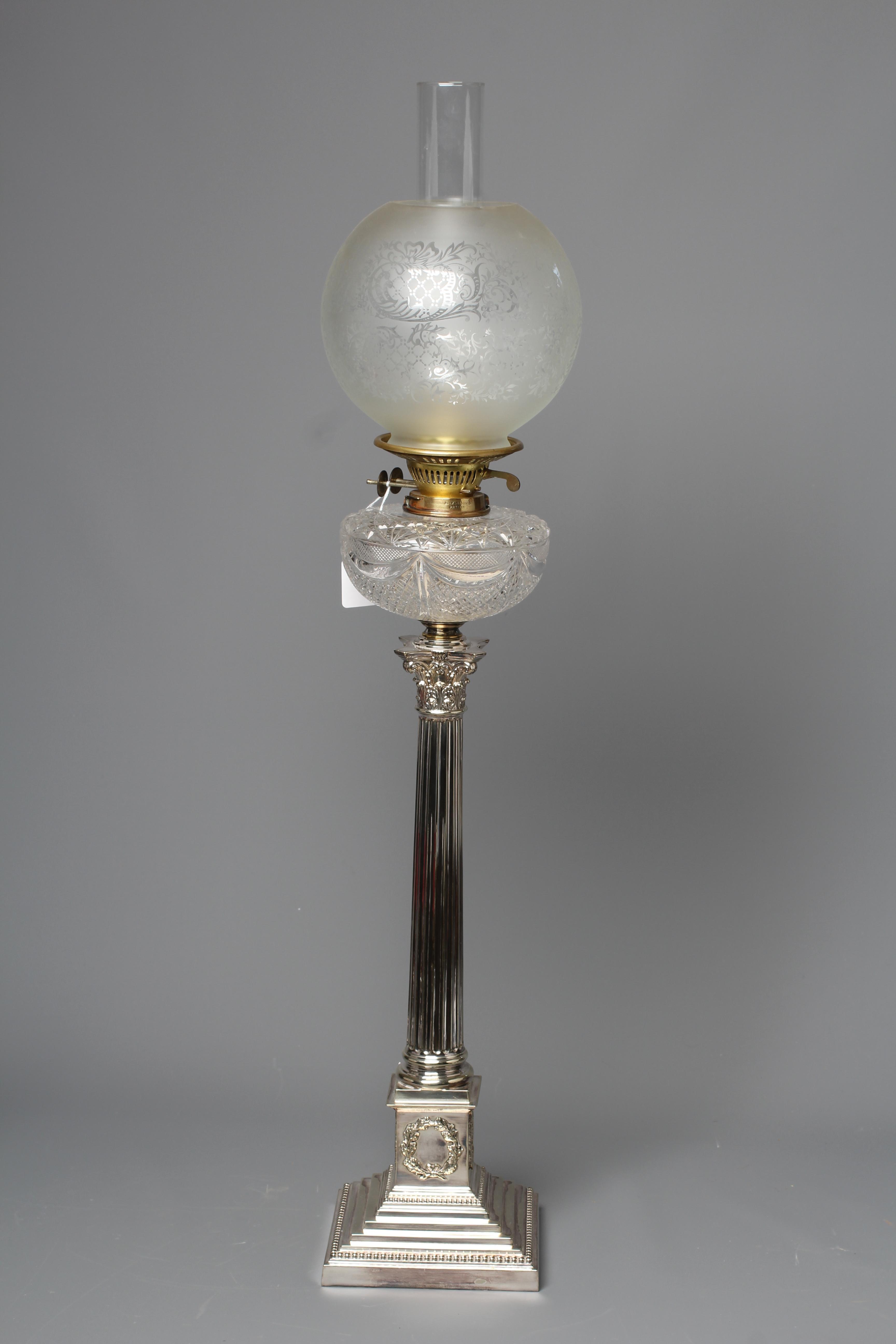 A LATE VICTORIAN LARGE EPNS CORINTHIAN COLUMN OIL LAMP BASE Image