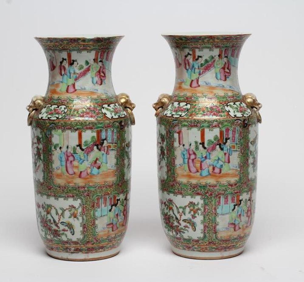 A PAIR OF CANTONESE PORCELAIN VASES Image