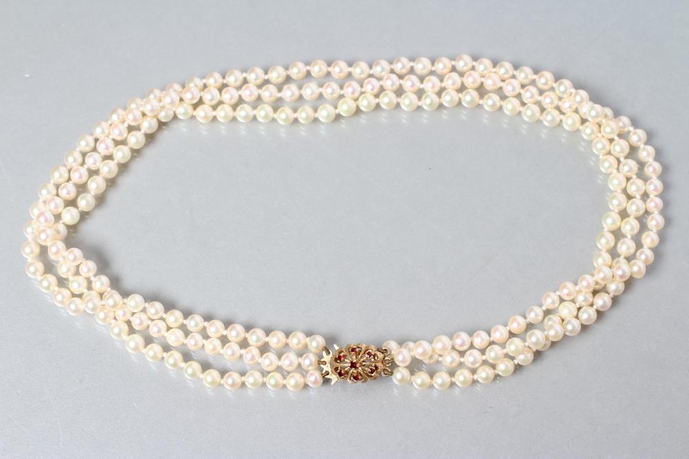 A CULTURED PEARL TRIPLE STRAND NECKLACE Image