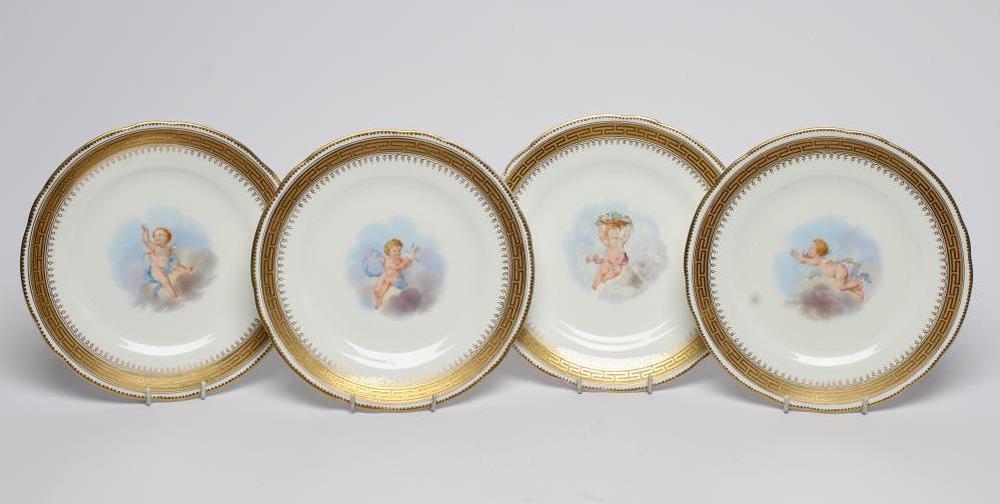 A SET OF FOUR VICTORIAN SCRIVENER & CO. CHINA DESSERT PLATES of slightly lobed circular form Image