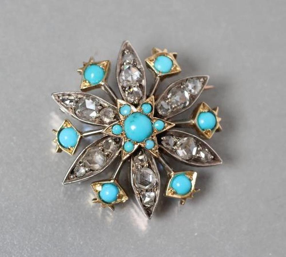 A LATE VICTORIAN "SNOWFLAKE" BROOCH centred by a turquoise bead panel with six radiating arms each Image