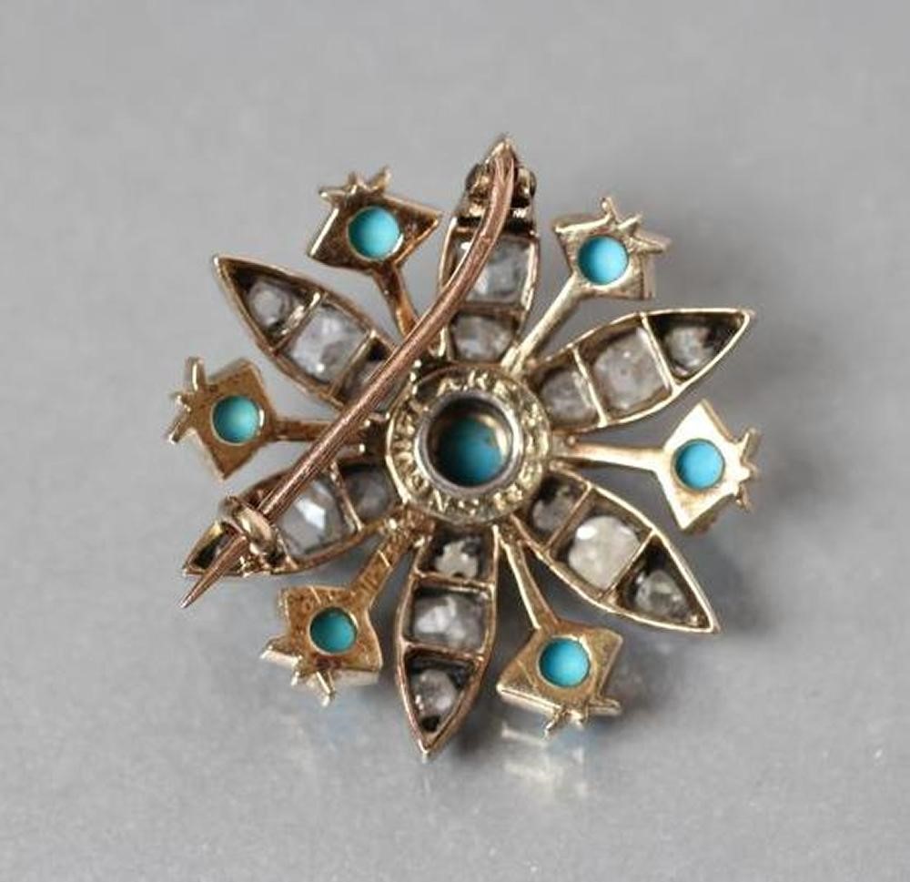 A LATE VICTORIAN "SNOWFLAKE" BROOCH centred by a turquoise bead panel with six radiating arms each Image