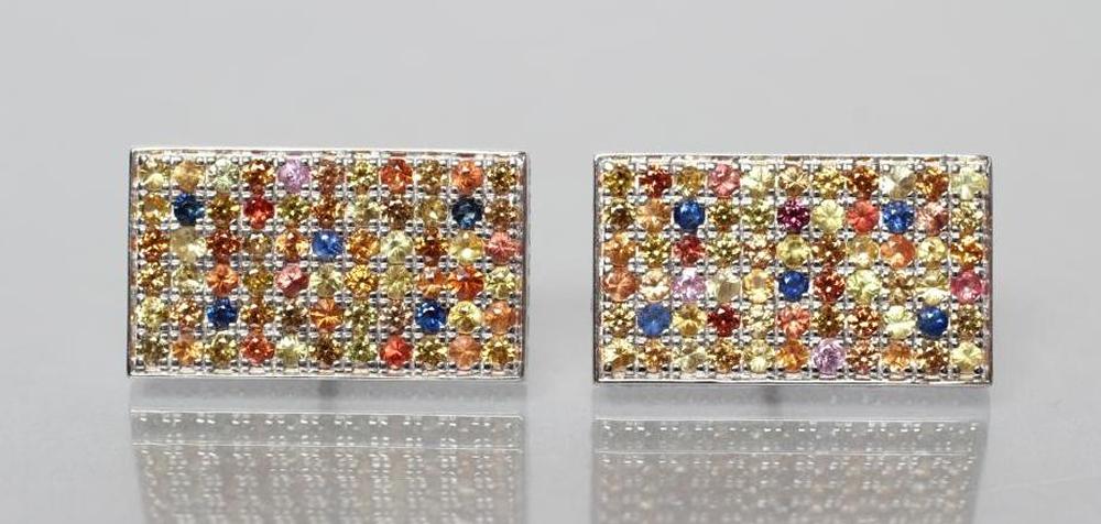 A PAIR OF MULTI-GEM SET SILVER CUFFLINKS Image