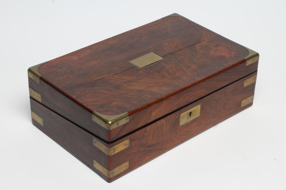 A ROSEWOOD AND BRASS MOUNTED CAMPAIGN WRITING BOX Image