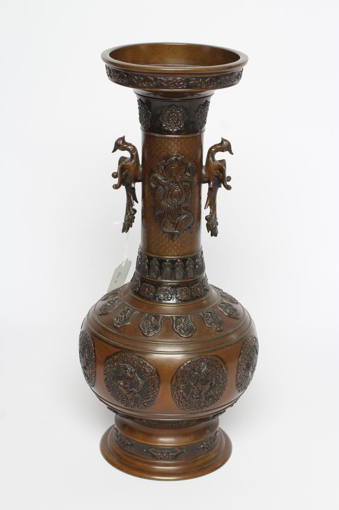 A JAPANESE BRONZE VASE of baluster form with cast and applied dragon handles and panels of Image