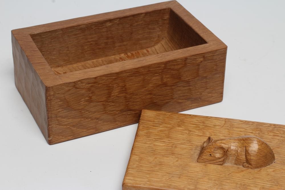 A ROBERT THOMPSON ADZED OAK TRINKET BOX of oblong form Image