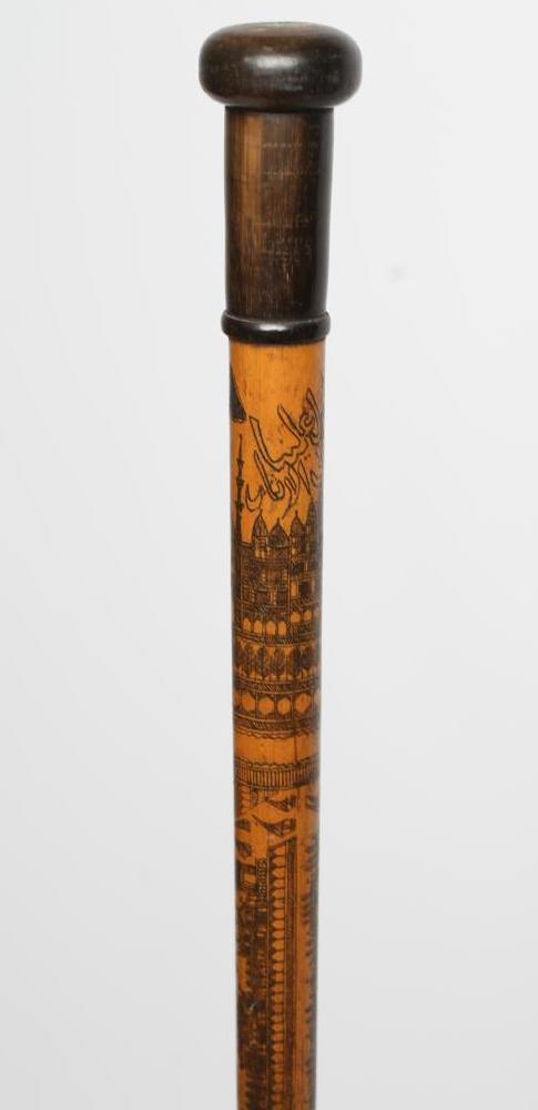 AN EGYPTIAN PENWORK WALKING CANE with polished horn knop Image
