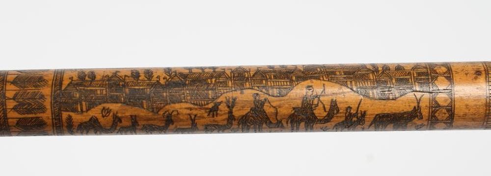 AN EGYPTIAN PENWORK WALKING CANE with polished horn knop Image
