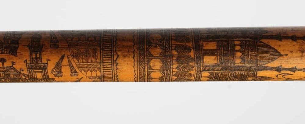 AN EGYPTIAN PENWORK WALKING CANE with polished horn knop Image