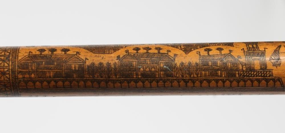 AN EGYPTIAN PENWORK WALKING CANE with polished horn knop Image