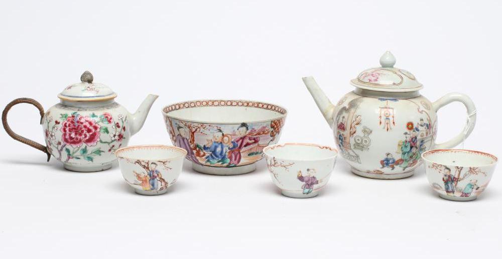 A COLLECTION OF CHINESE POLYCHROME PORCELAIN comprising a teapot and cover painted with figures on a Image