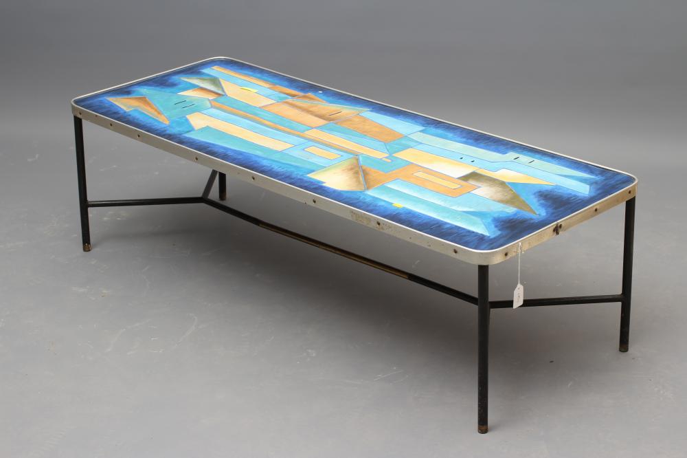 A METAL AND TEAK COFFEE TABLE Image