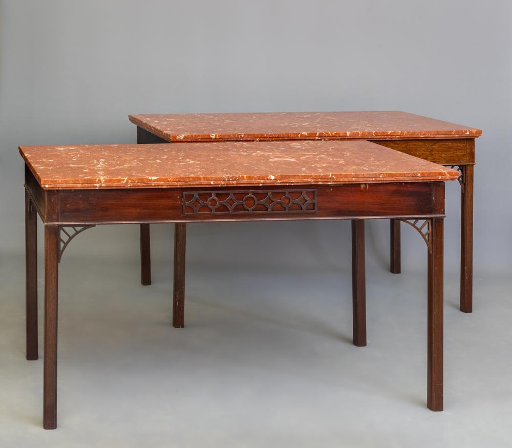 A PAIR OF MAHOGANY AND MARBLE SIDE TABLES of Georgian design Image