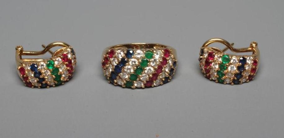 A MULTI-GEM DRESS RING AND MATCHING EARRINGS Image