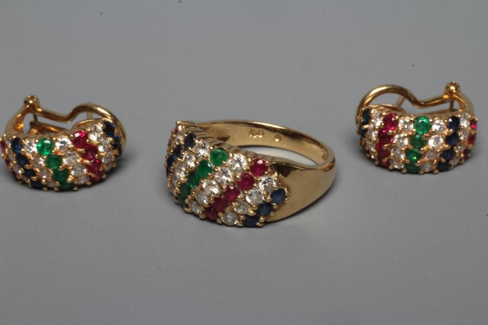 A MULTI-GEM DRESS RING AND MATCHING EARRINGS Image