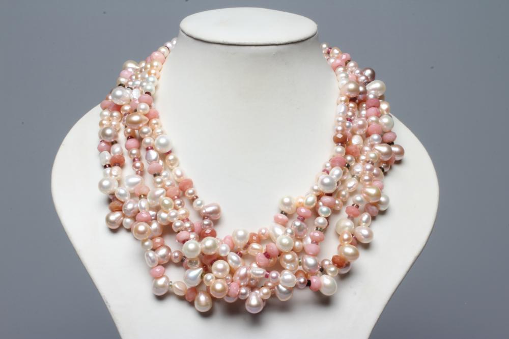 A MODERN FRESHWATER PEARL TORSADE NECKLACE with Peruvian pink opal and tourmaline bead spacers, with Image