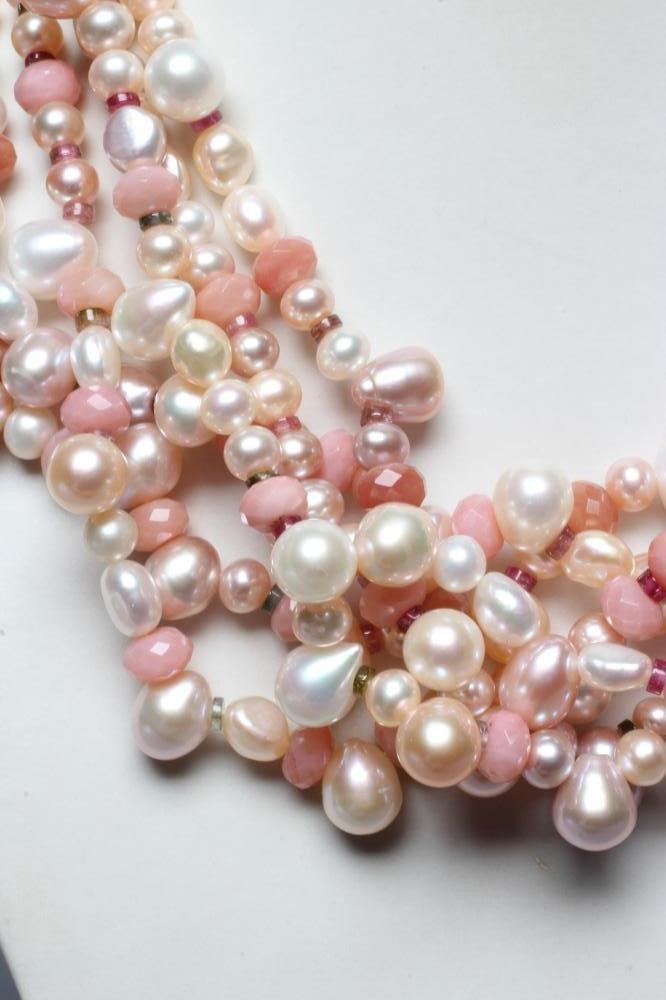 A MODERN FRESHWATER PEARL TORSADE NECKLACE with Peruvian pink opal and tourmaline bead spacers, with Image