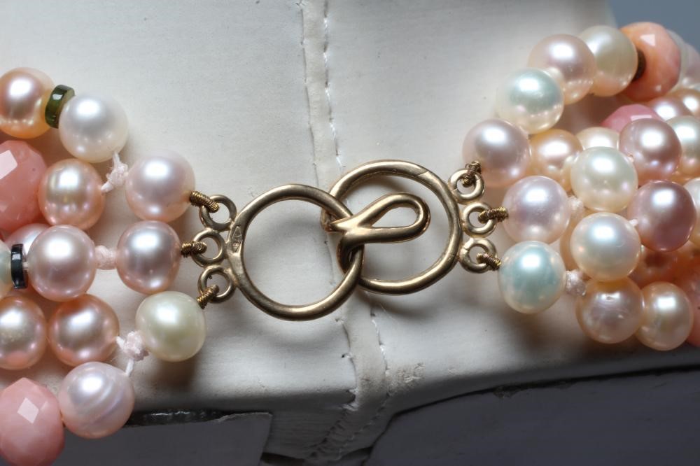 A MODERN FRESHWATER PEARL TORSADE NECKLACE with Peruvian pink opal and tourmaline bead spacers, with Image