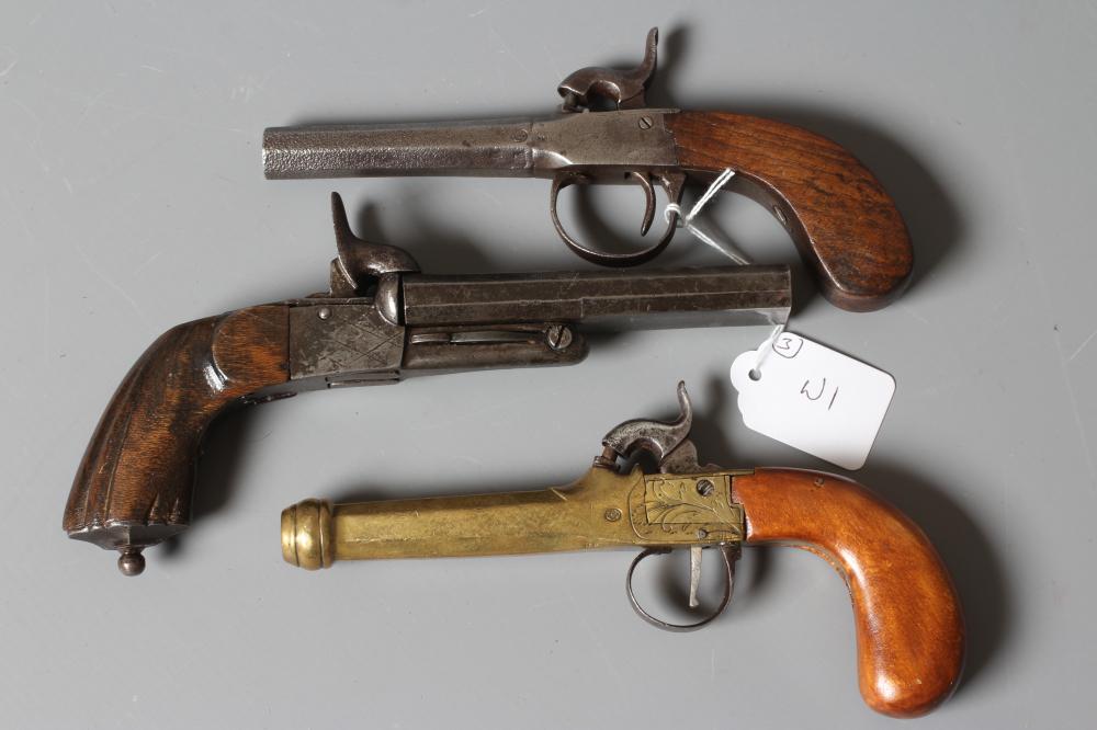 THREE ANTIQUE PISTOLS comprising a Belgian brass percussion pistol with octagonal barrel and etched Image