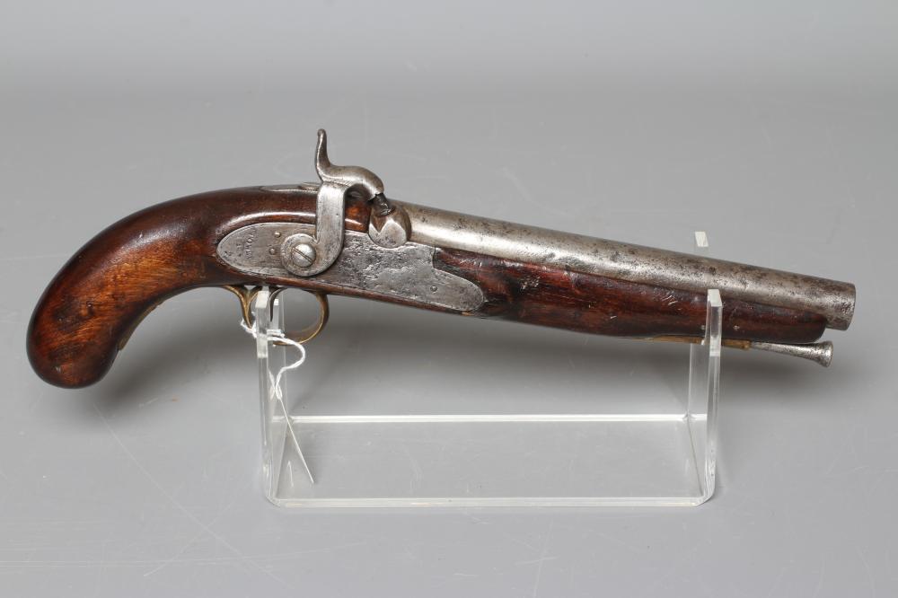 A PERCUSSION TOWER TYPE PISTOL with 9" barrel, brass furniture, walnut stock, steel belt loop and Image