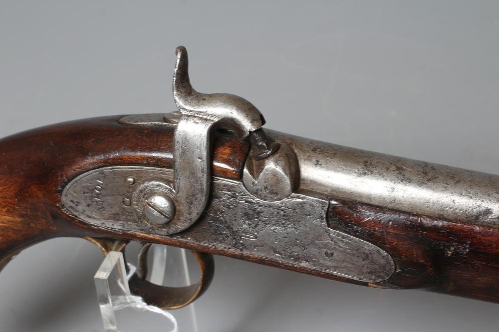 A PERCUSSION TOWER TYPE PISTOL with 9" barrel, brass furniture, walnut stock, steel belt loop and Image