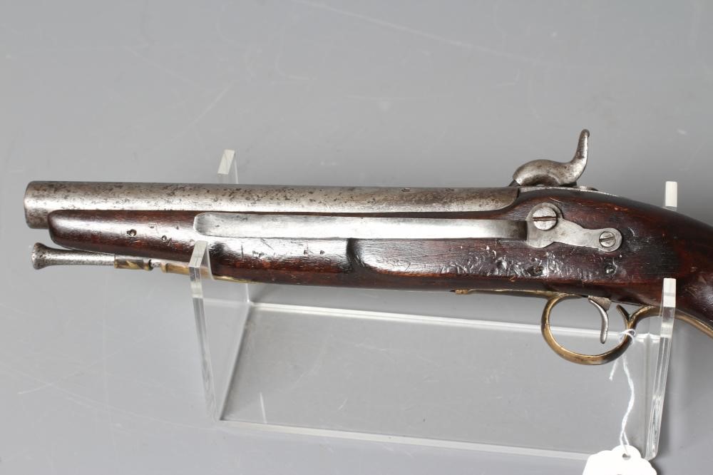 A PERCUSSION TOWER TYPE PISTOL with 9" barrel, brass furniture, walnut stock, steel belt loop and Image