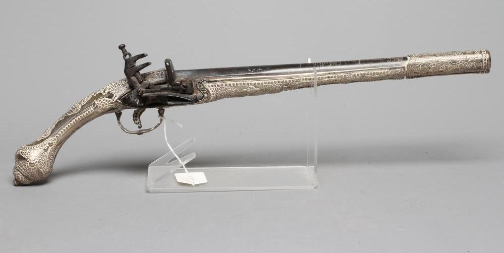 A TURKISH FLINTLOCK PISTOL, early 19th century, with 13 1/4" barrel, miquelet action, decorative Image