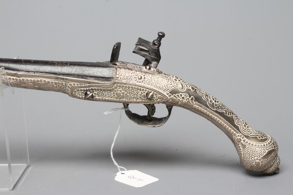 A TURKISH FLINTLOCK PISTOL, early 19th century, with 13 1/4" barrel, miquelet action, decorative Image