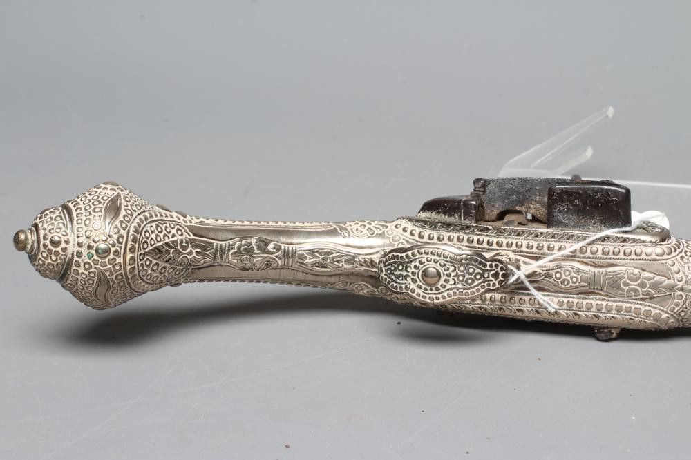 A TURKISH FLINTLOCK PISTOL, early 19th century, with 13 1/4" barrel, miquelet action, decorative Image