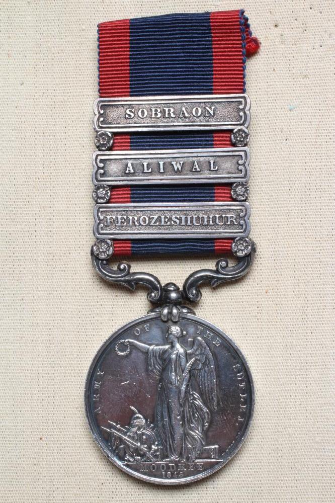 A SUTLEJ MEDAL 1845-46 with Sobraon, Aliwal and Ferozeshuhur clasps, re-named for Patt Larkin of the Image
