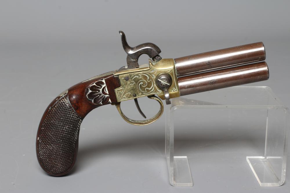 A PERCUSSION TAP ACTION DOUBLE BARRELLED PISTOL with 2 3/4" twist-off barrels Image