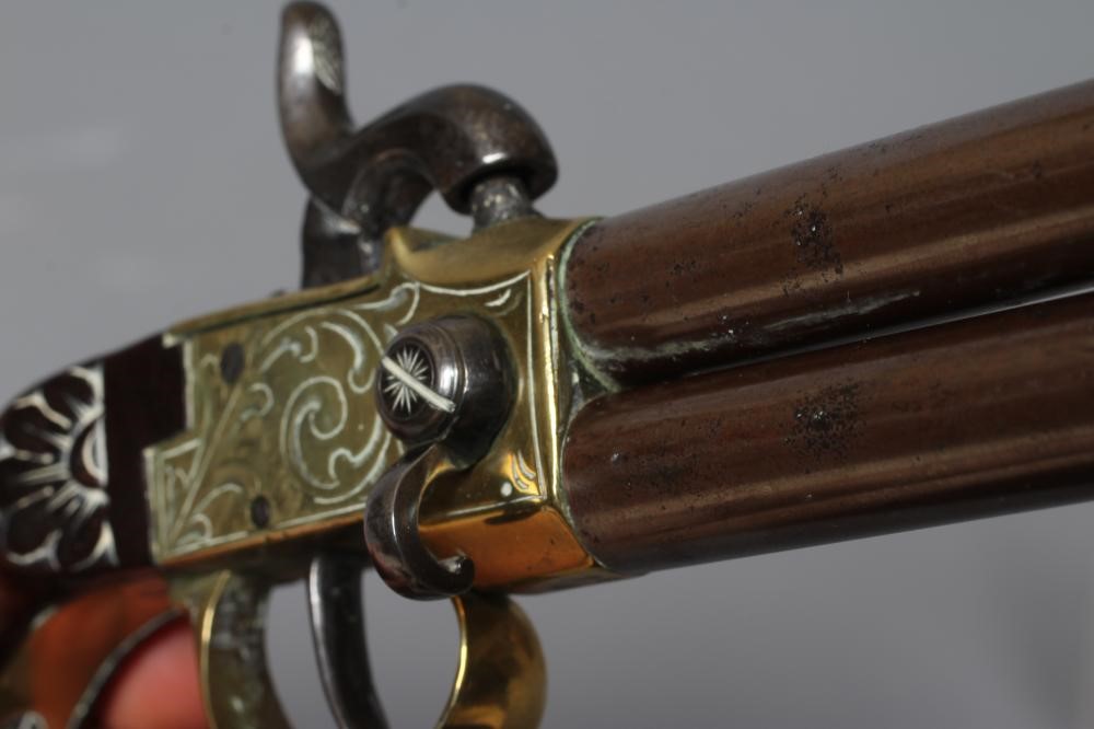 A PERCUSSION TAP ACTION DOUBLE BARRELLED PISTOL with 2 3/4" twist-off barrels Image