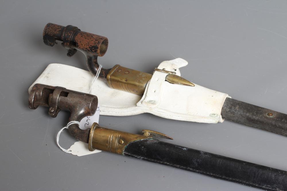 TWO BRITISH PATTERN SOCKET BAYONETS, both with triangular section blades, brass and leather Image