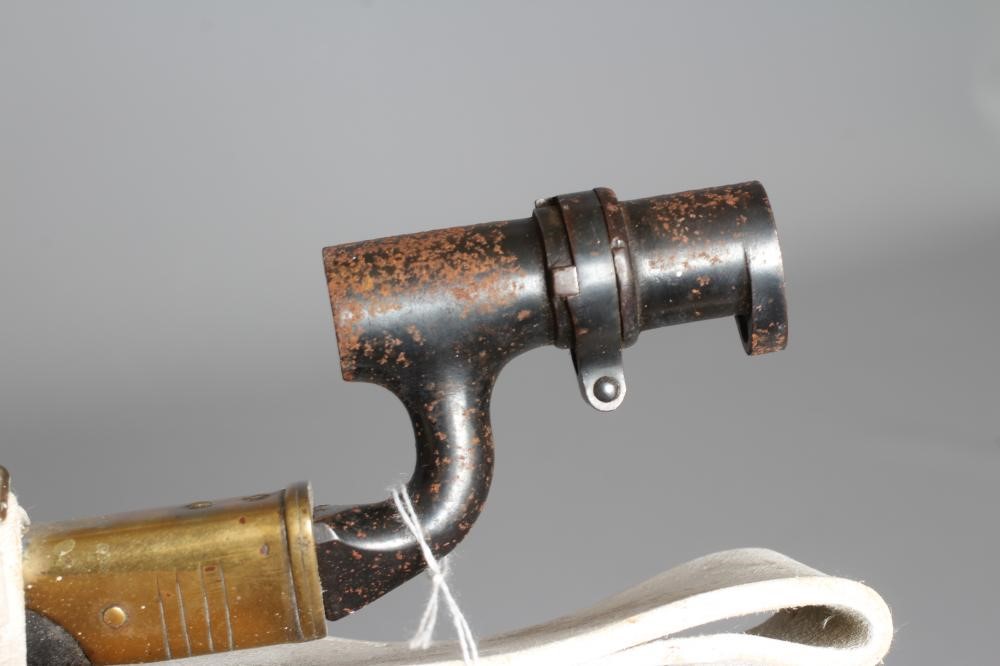 TWO BRITISH PATTERN SOCKET BAYONETS, both with triangular section blades, brass and leather Image