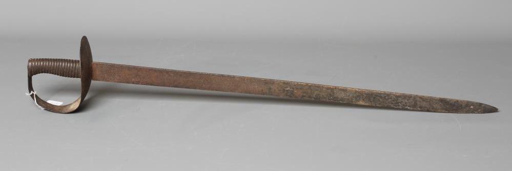 A BRITISH NAVAL CUTLASS with 29" blade, typical hilt and metal ribbed grip, 33 3/4" long (Est. plus Image