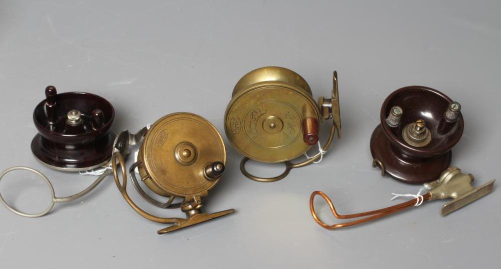 TWO MALLOCH'S PATENT SIDE CAST REELS, one by C. Harlow, the Strand London, both in brass, together Image