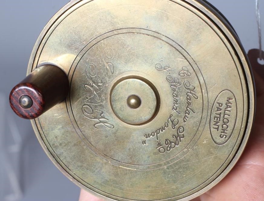 TWO MALLOCH'S PATENT SIDE CAST REELS, one by C. Harlow, the Strand London, both in brass, together Image