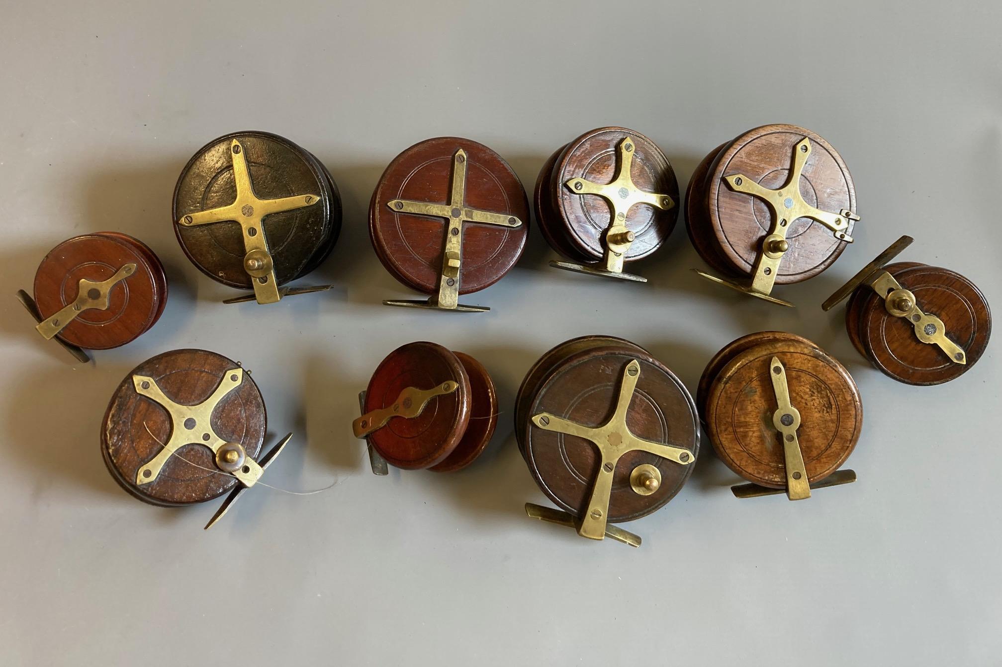 SIX ANTIQUE STAR BACK REELS of brass and wood construction, together with four other similar reels, Image