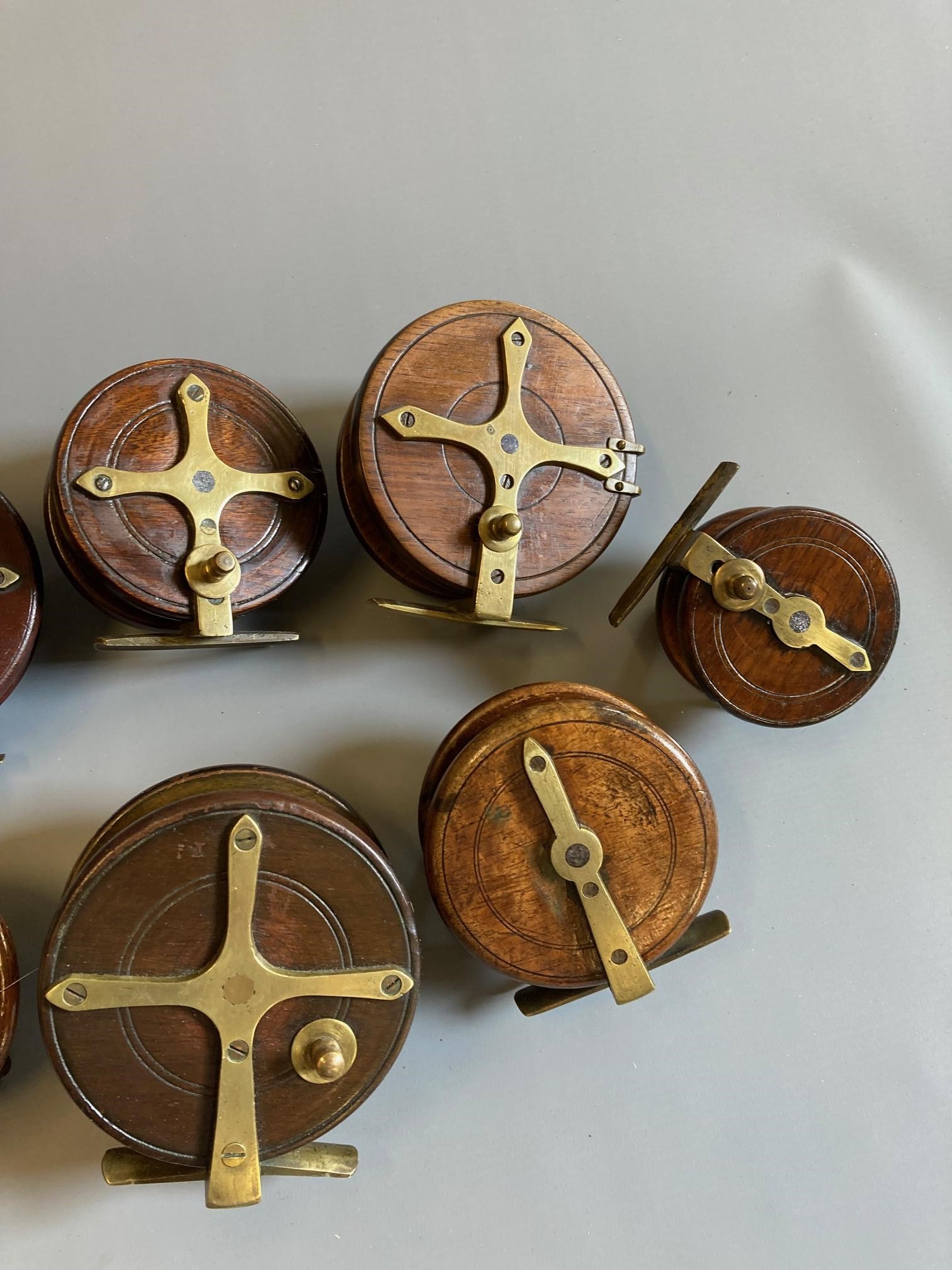 SIX ANTIQUE STAR BACK REELS of brass and wood construction, together with four other similar reels, Image