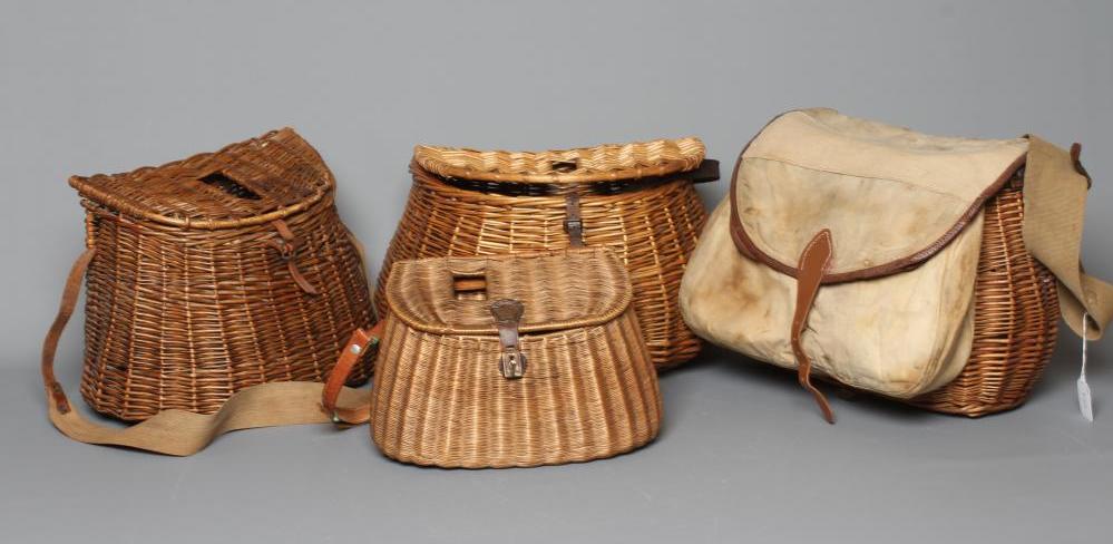 FOUR FISHING CREELS, including three wicker examples, one with canvas pouch and lid, and a small Image