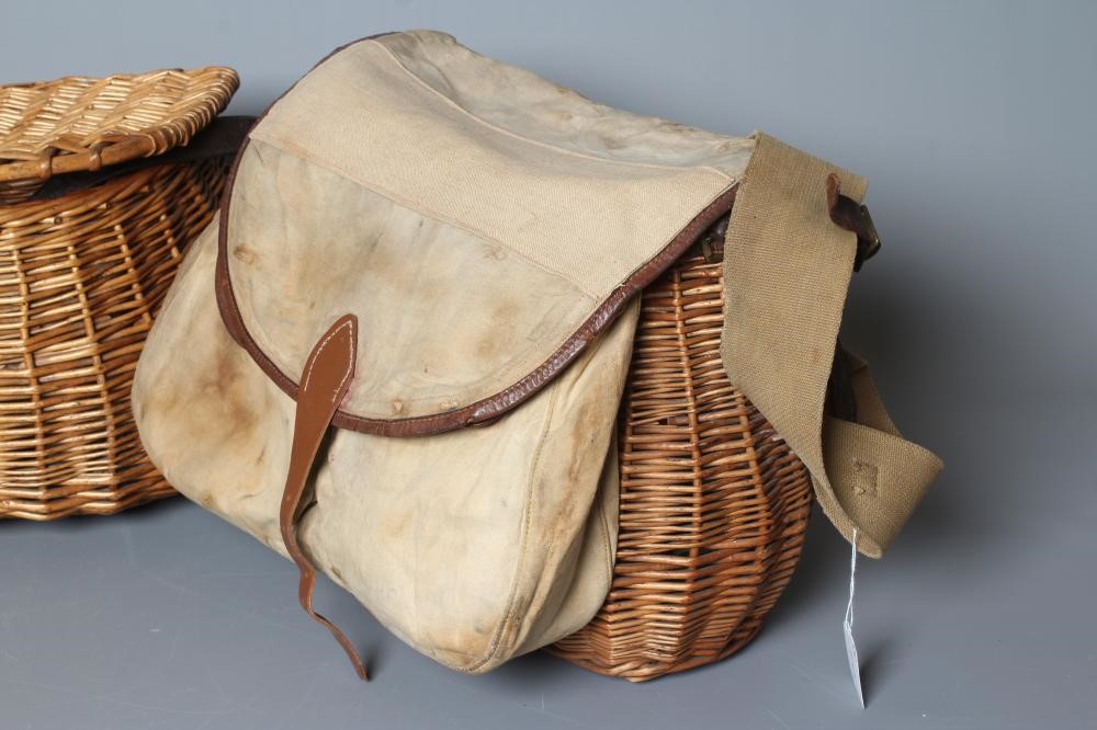 FOUR FISHING CREELS, including three wicker examples, one with canvas pouch and lid, and a small Image