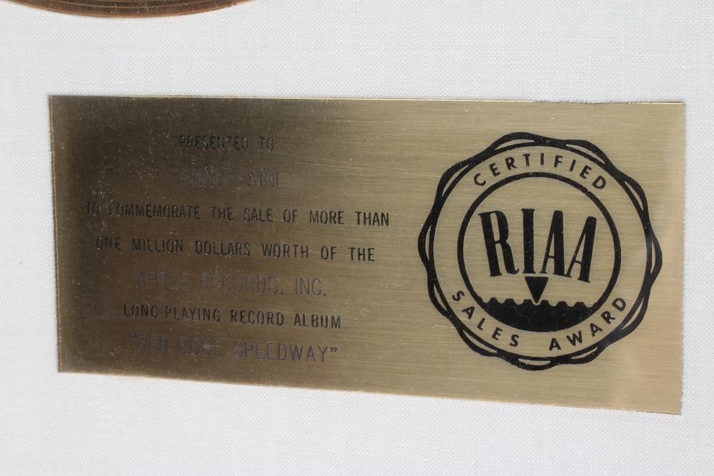 A PRESENTATION "GOLD" SALES AWARD for the album Red Rose Speedway, Paul McCartney and Wings, Image