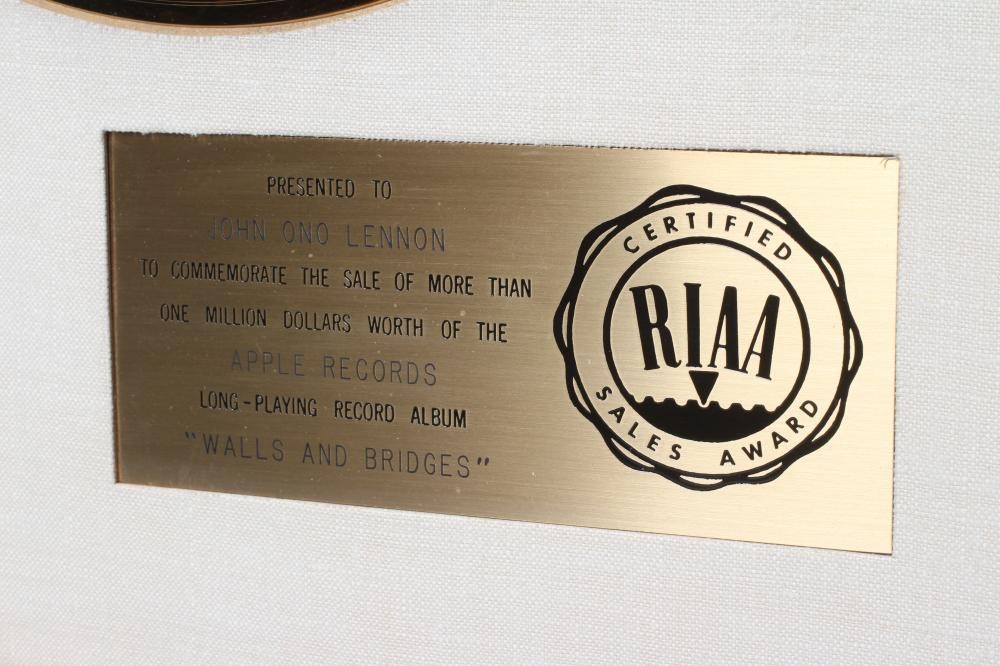 A PRESENTATION "GOLD" SALES AWARD for the Apple Records album Walls and Bridges, R.I.A.A. certified, Image