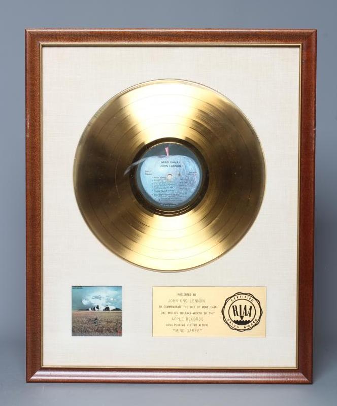A PRESENTATION "GOLD" SALES AWARD for the Apple Records album Mind Games, R.I.A.A. certified, Image