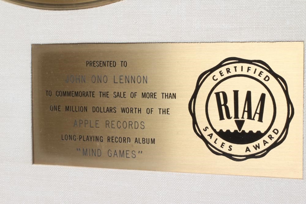 A PRESENTATION "GOLD" SALES AWARD for the Apple Records album Mind Games, R.I.A.A. certified, Image